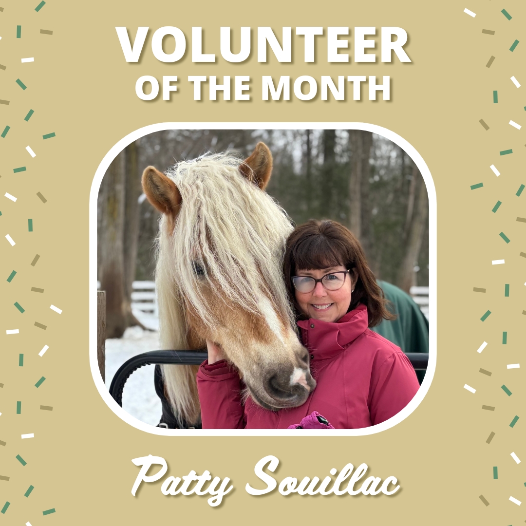 Volunteer of the month, Patty Souillac poses wearing a pink coat with a blonde therapy horse.