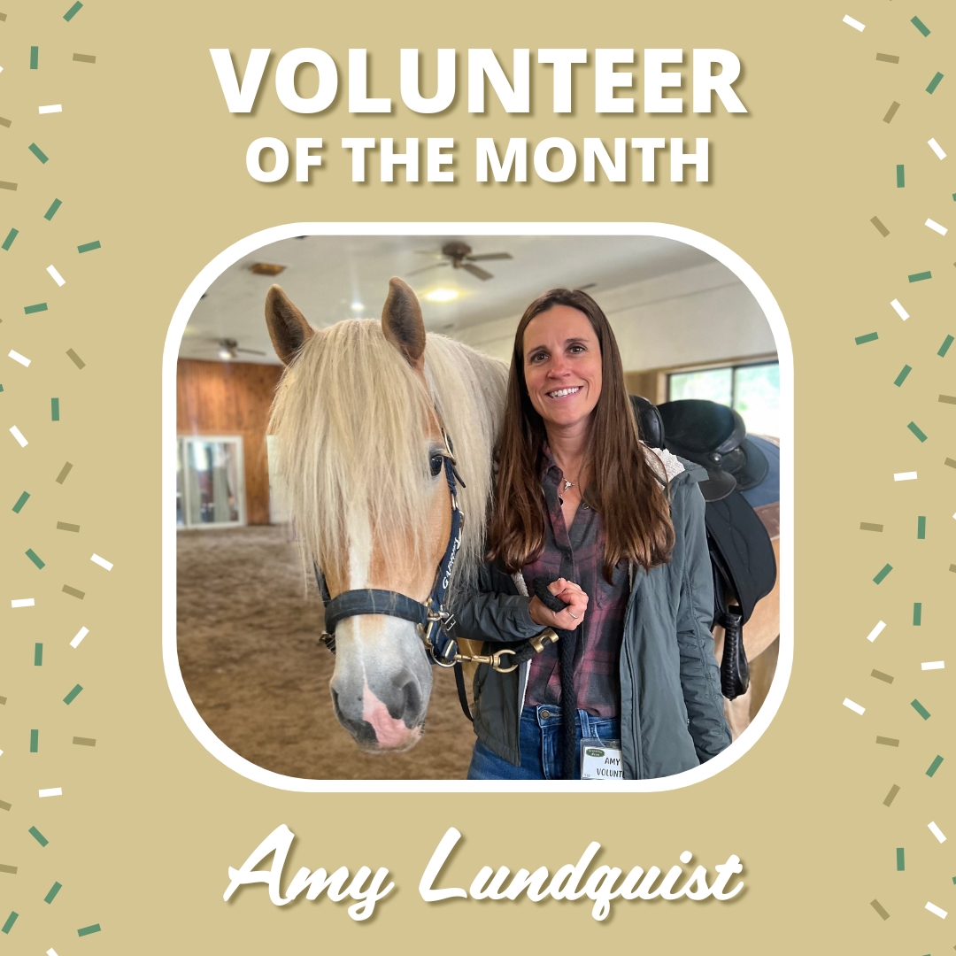 Volunteer of the Month, Amy Lundquist, a tall woman with dark brown hair, stands smiling next to a blonde horse